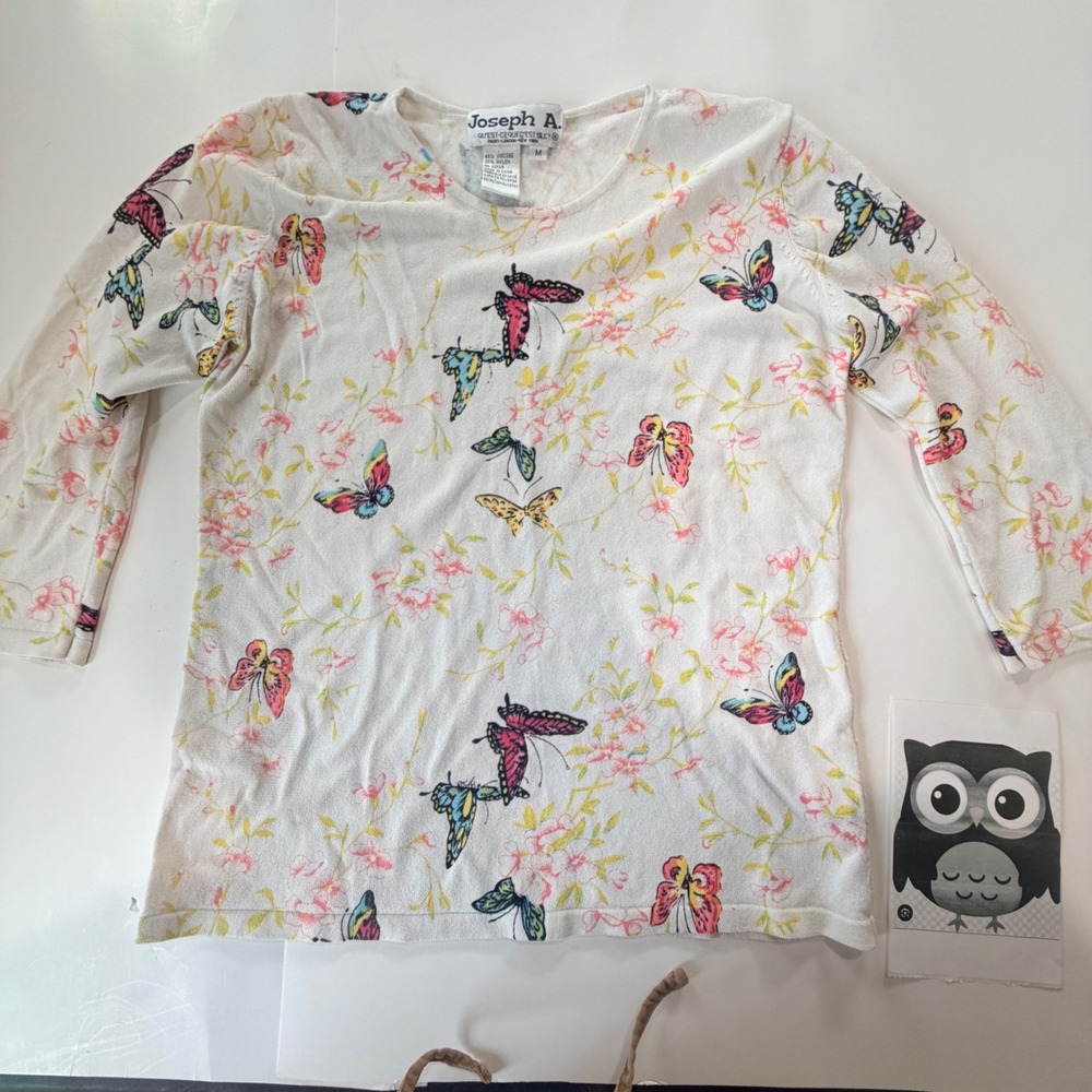 Joseph A Butterfly Floral Knit Top Women M Stretch Fairy Cottage Twee‎ Woodland
